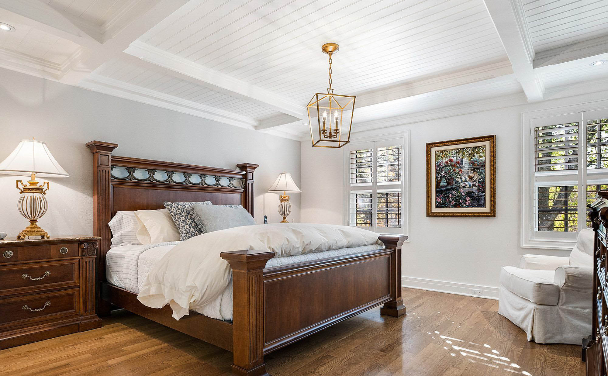 small master bedroom with all white coffered ceiling dropped beams with beadboard coffers