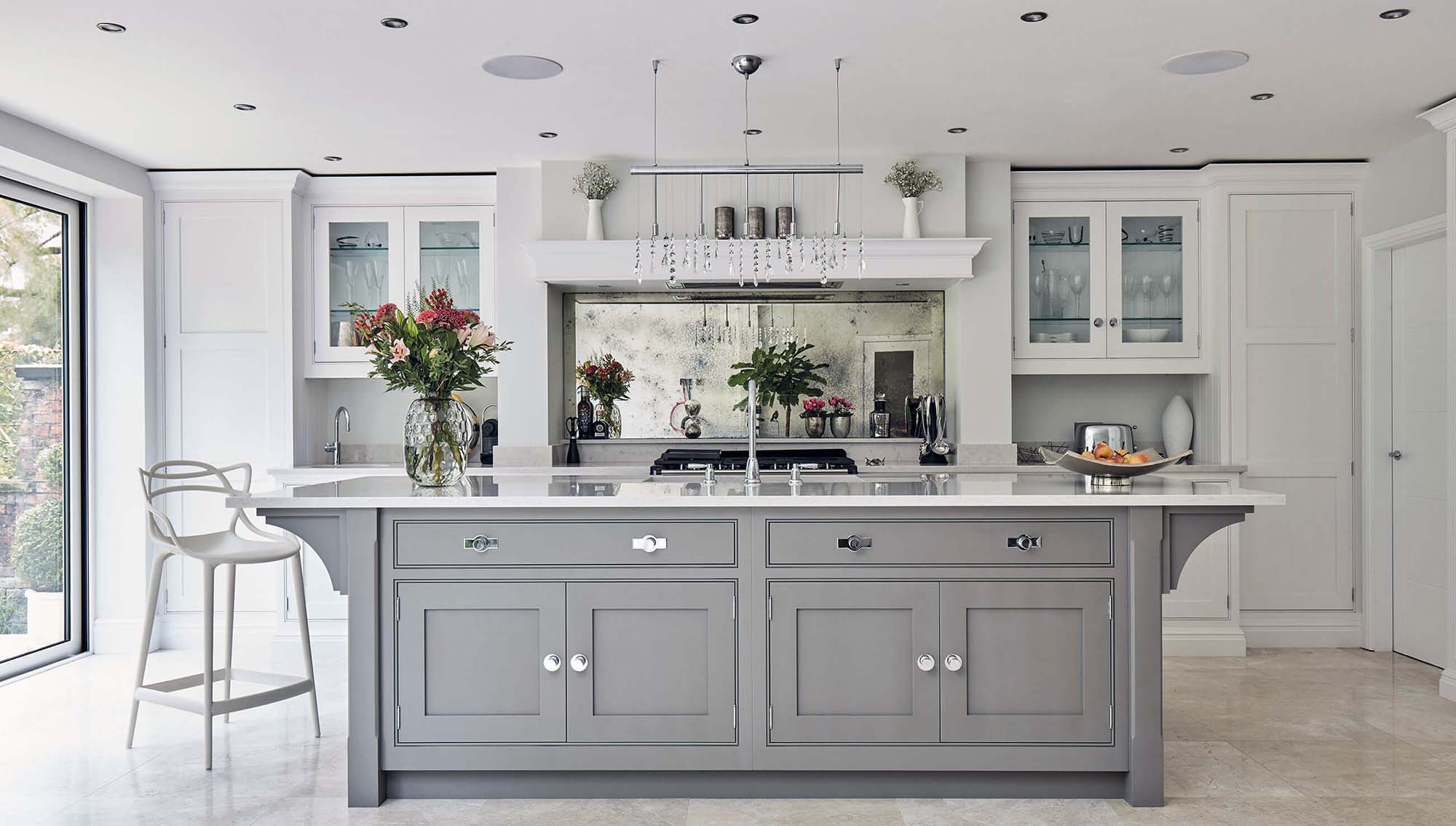 beautiful luxury high end kitchen gray and white shaker cabinets