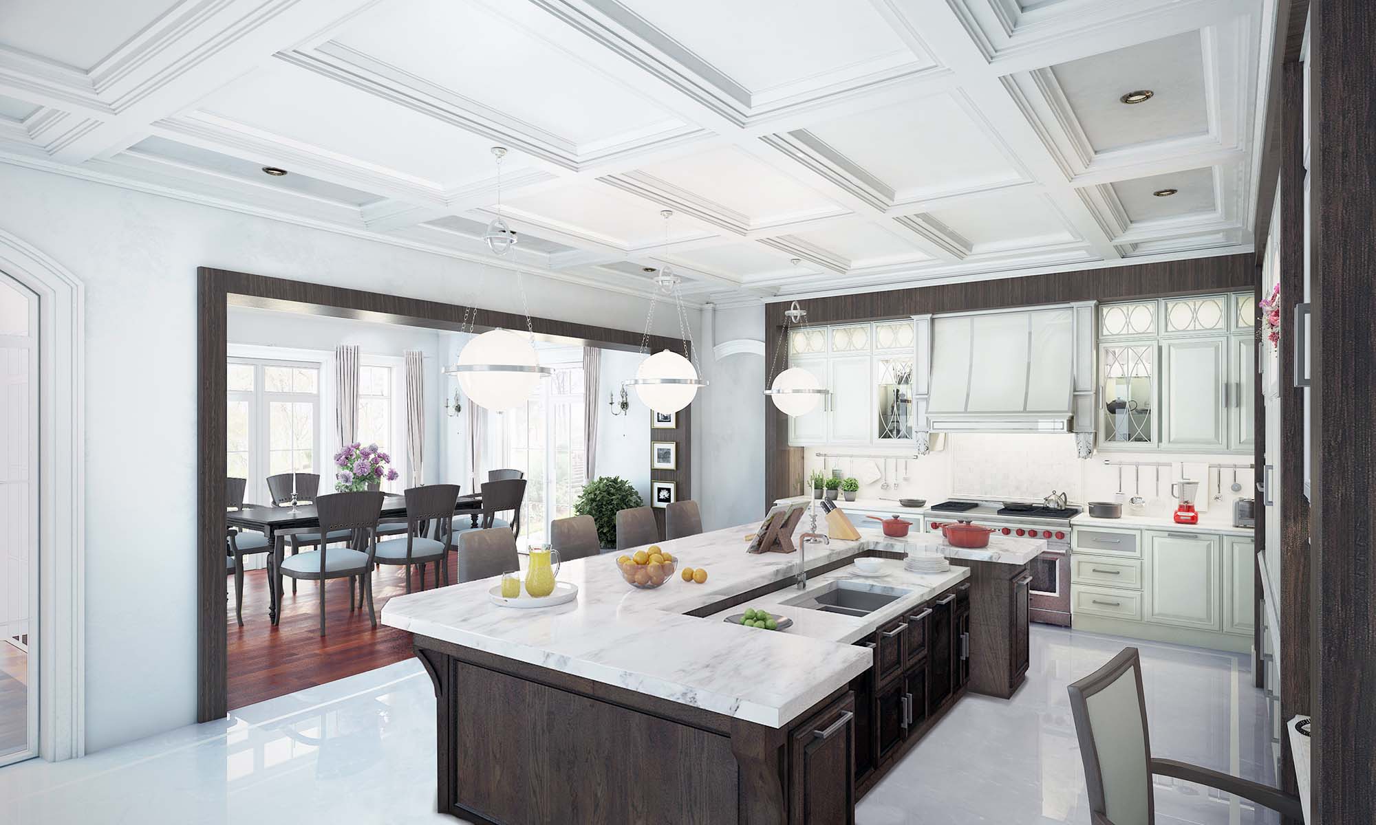 luxury kitchen design ideas white marble and brown kitchen Gambrick luxury home builder NJ