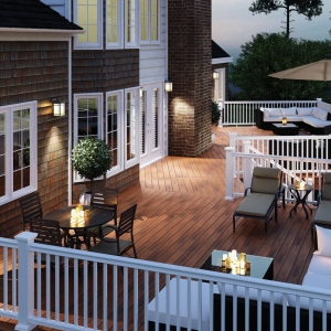 NJ Trex deck with white rails cedar shake siding beautiful patio furniture