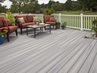 Monmouth County NJ Gray Azek deck with white rails brown patio furniture