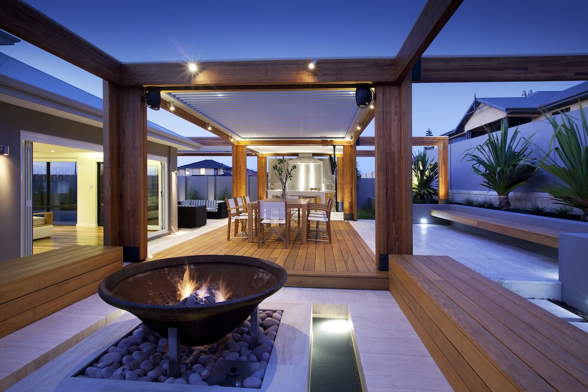 NJ Contemporary Ipe deck with tile and wood benches fire pit, modern deck lighting