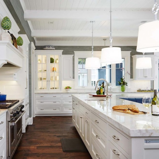luxury kitchen white shaker cabinets exposed beam ceilings - Gambrick top local home builder NJ
