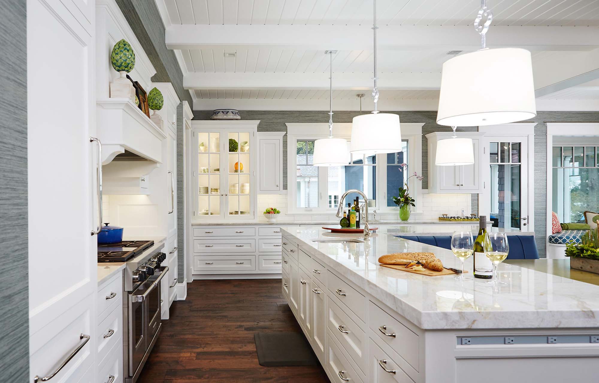 luxury kitchen white shaker cabinets exposed beam ceilings - Gambrick top local home builder NJ
