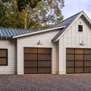 modern detached garage door design white vertical siding black framed doors and windows