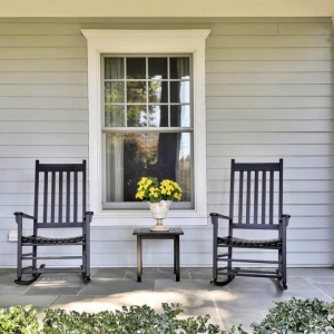 Gray house siding colors. Light gray lap siding with white window trim. Blue stone porch top. White columns.