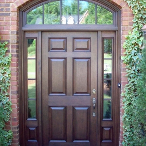 dark wood front door with arched glass transom red brick house green porch plants
