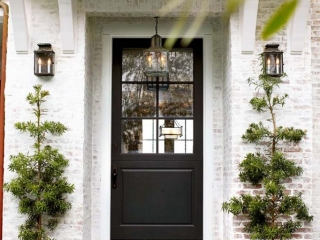 Black front door with white washed red brick and white trim blue stone patio and porch plants
