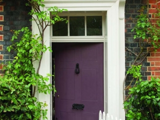 purple front door with glass transom and white trim red brick house lots of plants