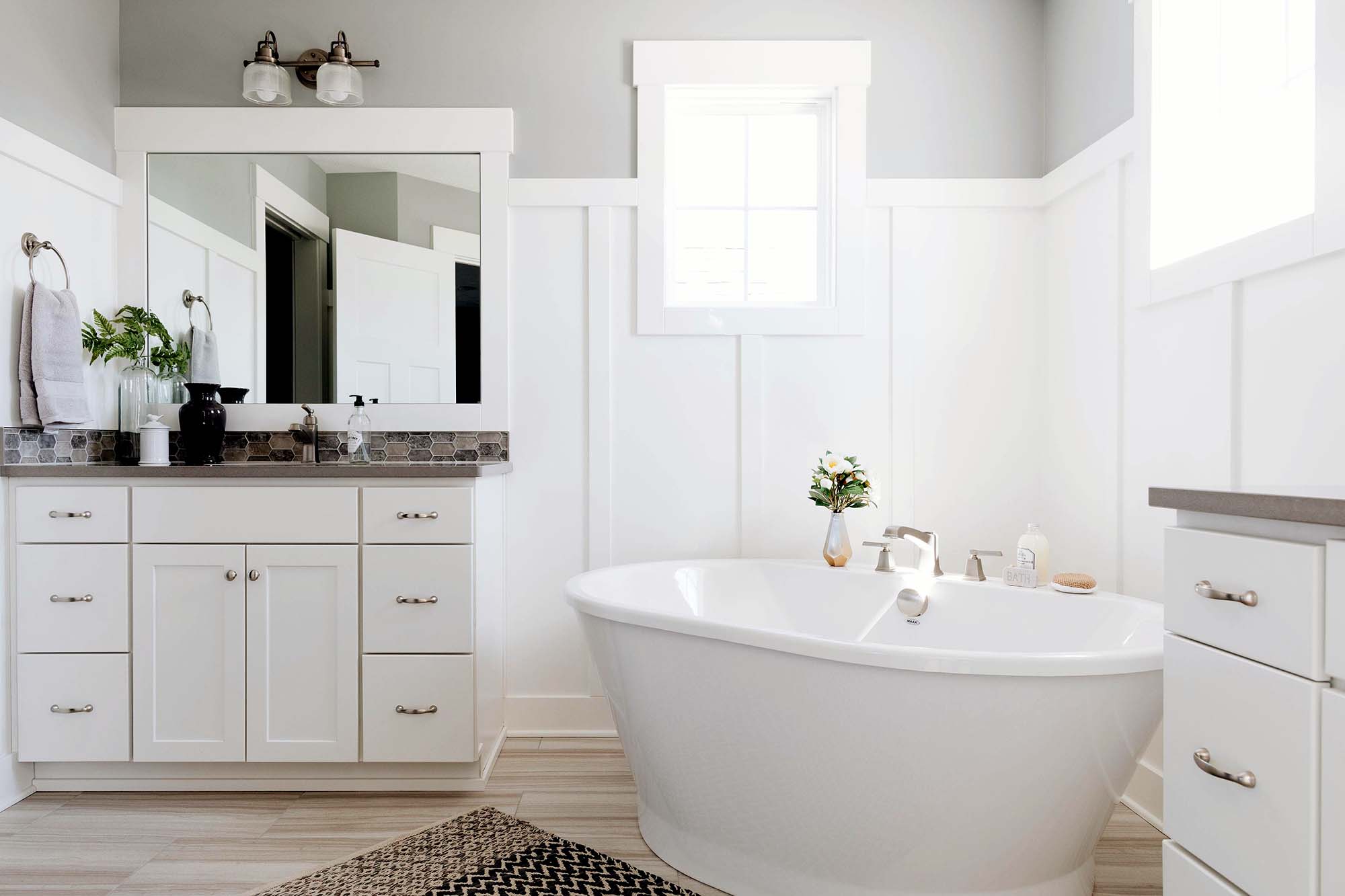 beautiful master bathroom white cabinets soaking tub porcelain floor tile