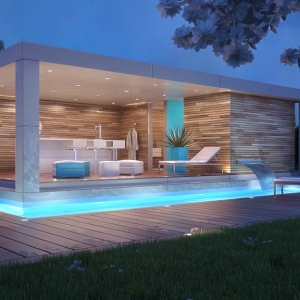 modern flat roof pool house design wood and stucco composite deck lighting twilight by the pool