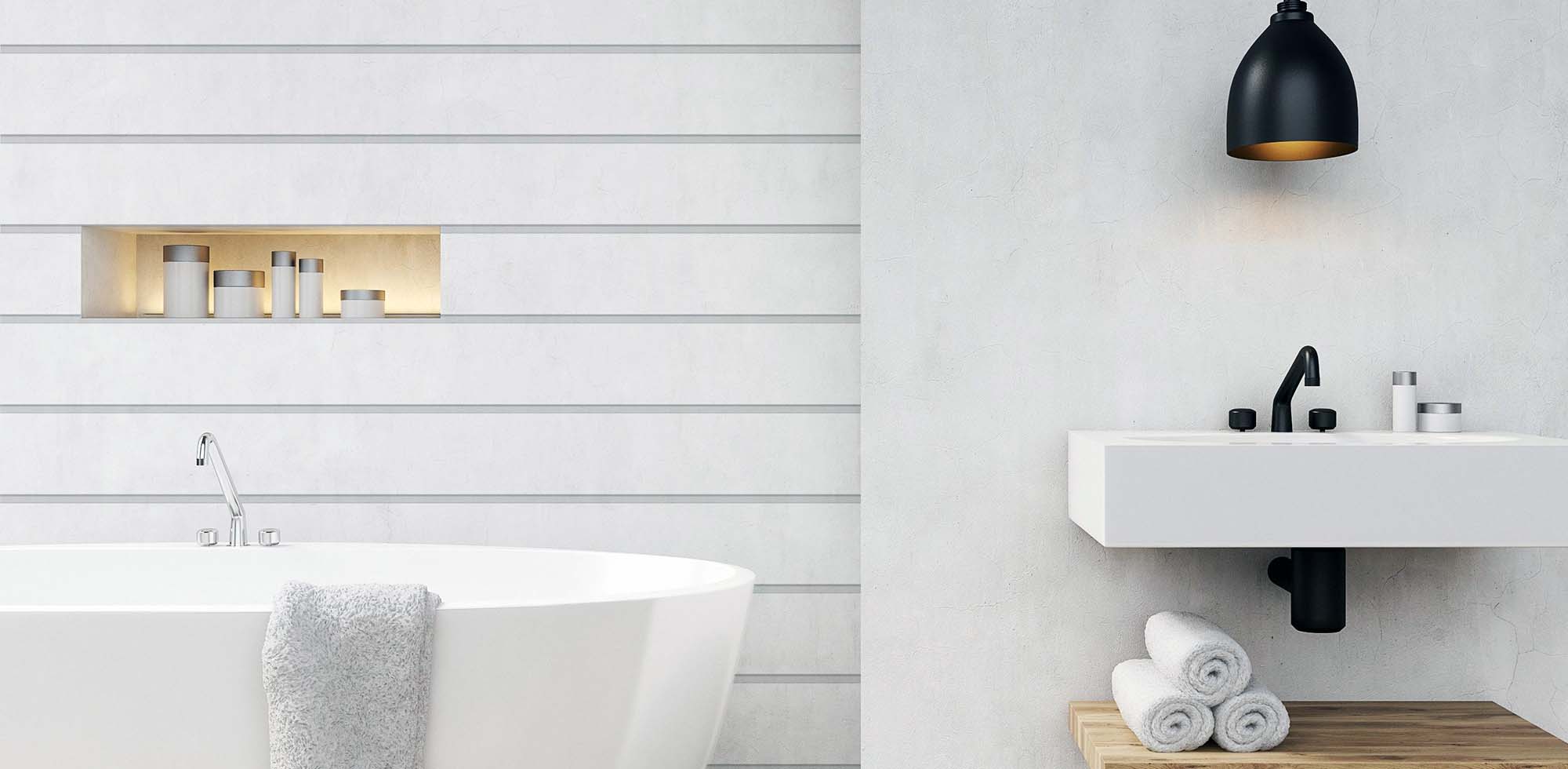 white bathroom shiplap white freestanding tub chrome fixtures black lighting