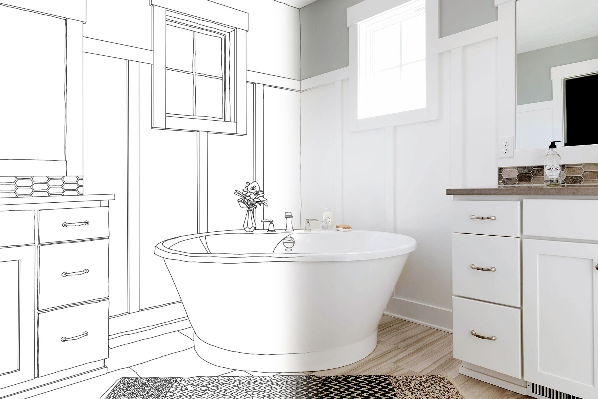 board and batten wall paneling drawing diagram - beautiful bathroom white trim gray walls - Gambrick