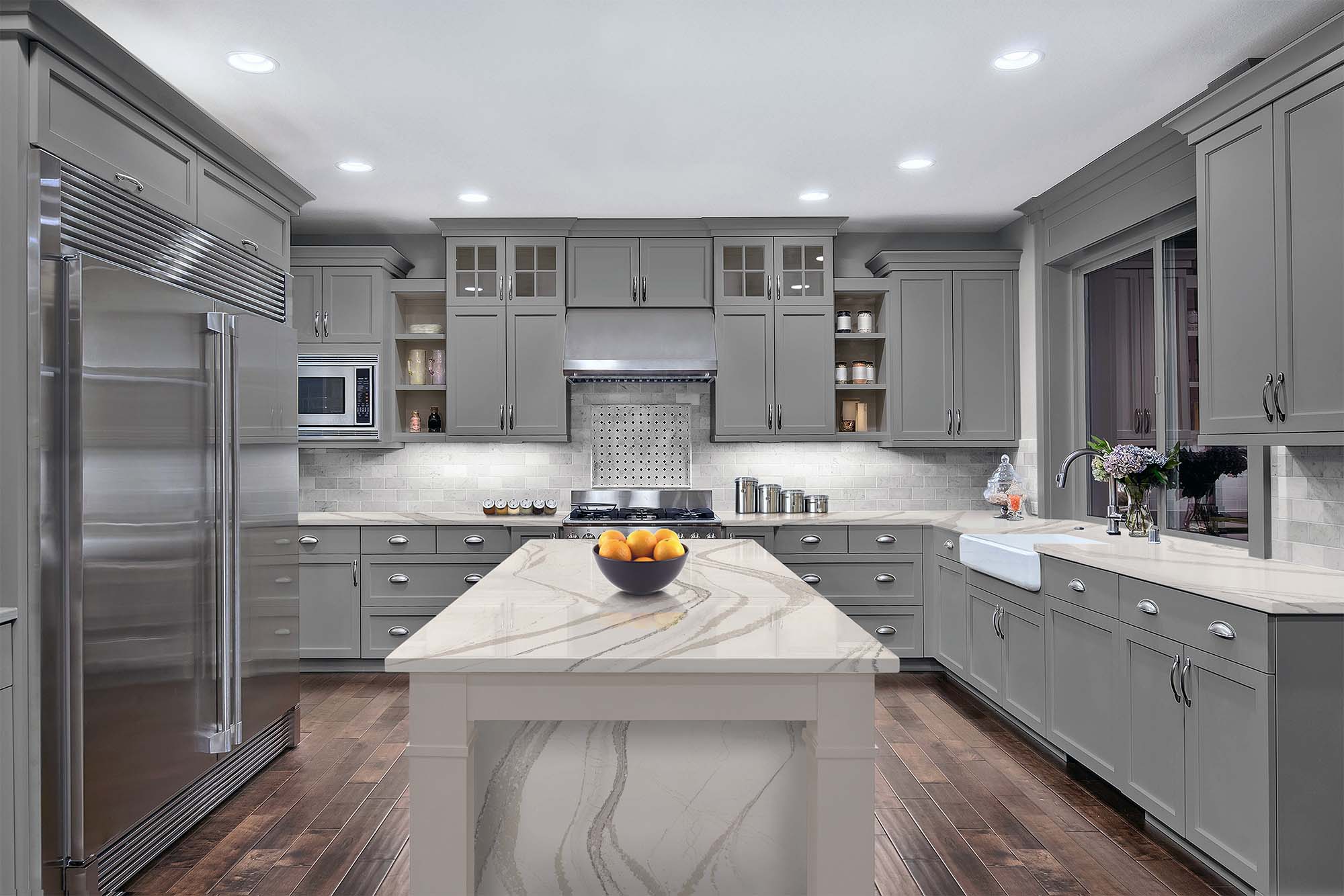 stunning luxury kitchen gray shaker cabinets marble countertops and backsplash center island