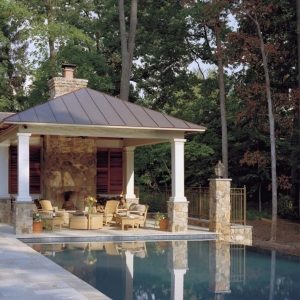 beautiful small pool house design real stone chimney outdoor fireplace tile patio columns with stone base