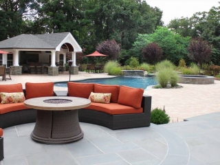 pool house designs blue stone patio wicker with red cushions real stone pillars Azek trim