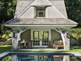 beautiful country pool house designs real stone with cedar shake in ground concrete pool
