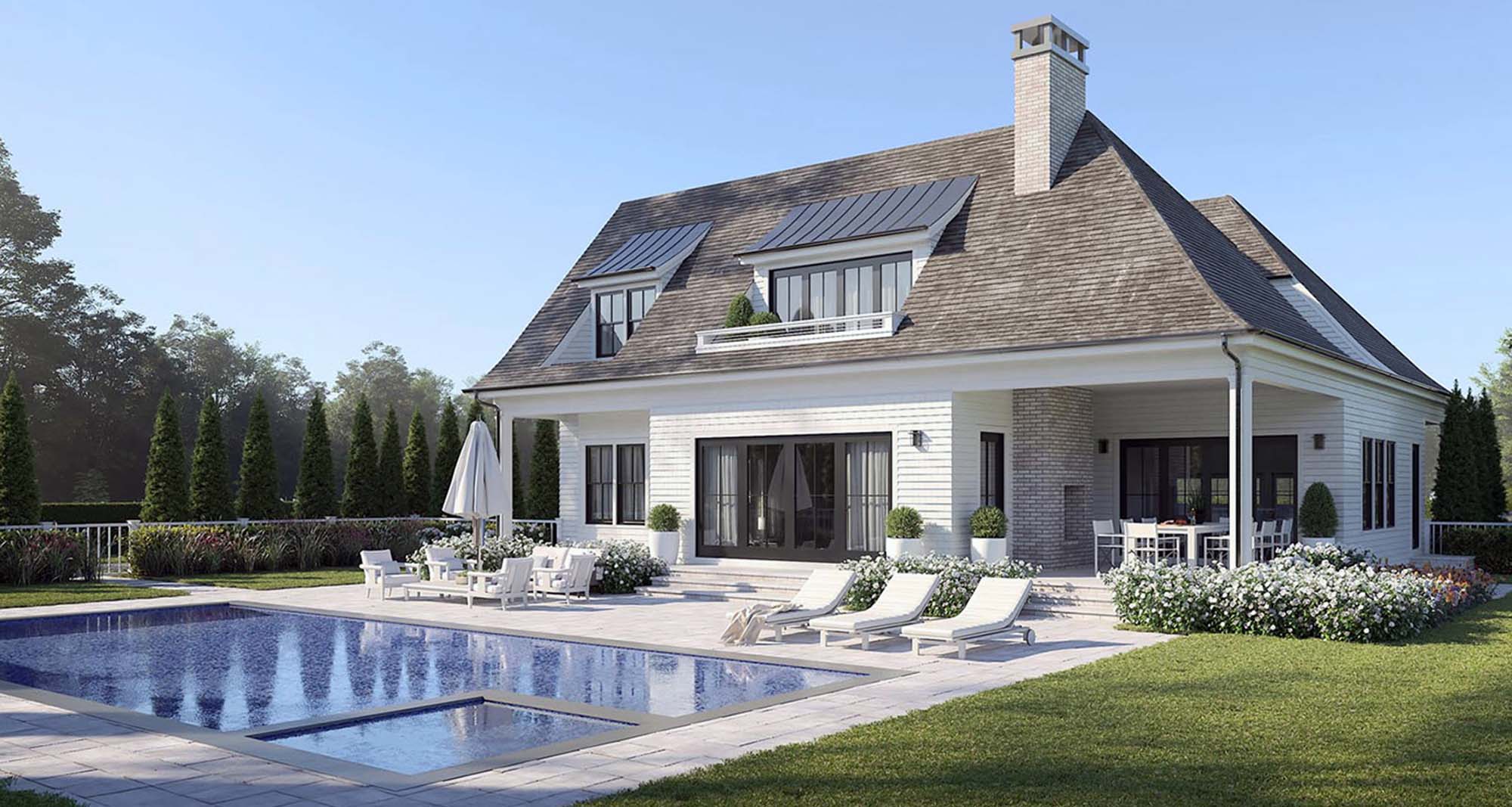 modern pool house design white siding black frame windows and doors brick chimney