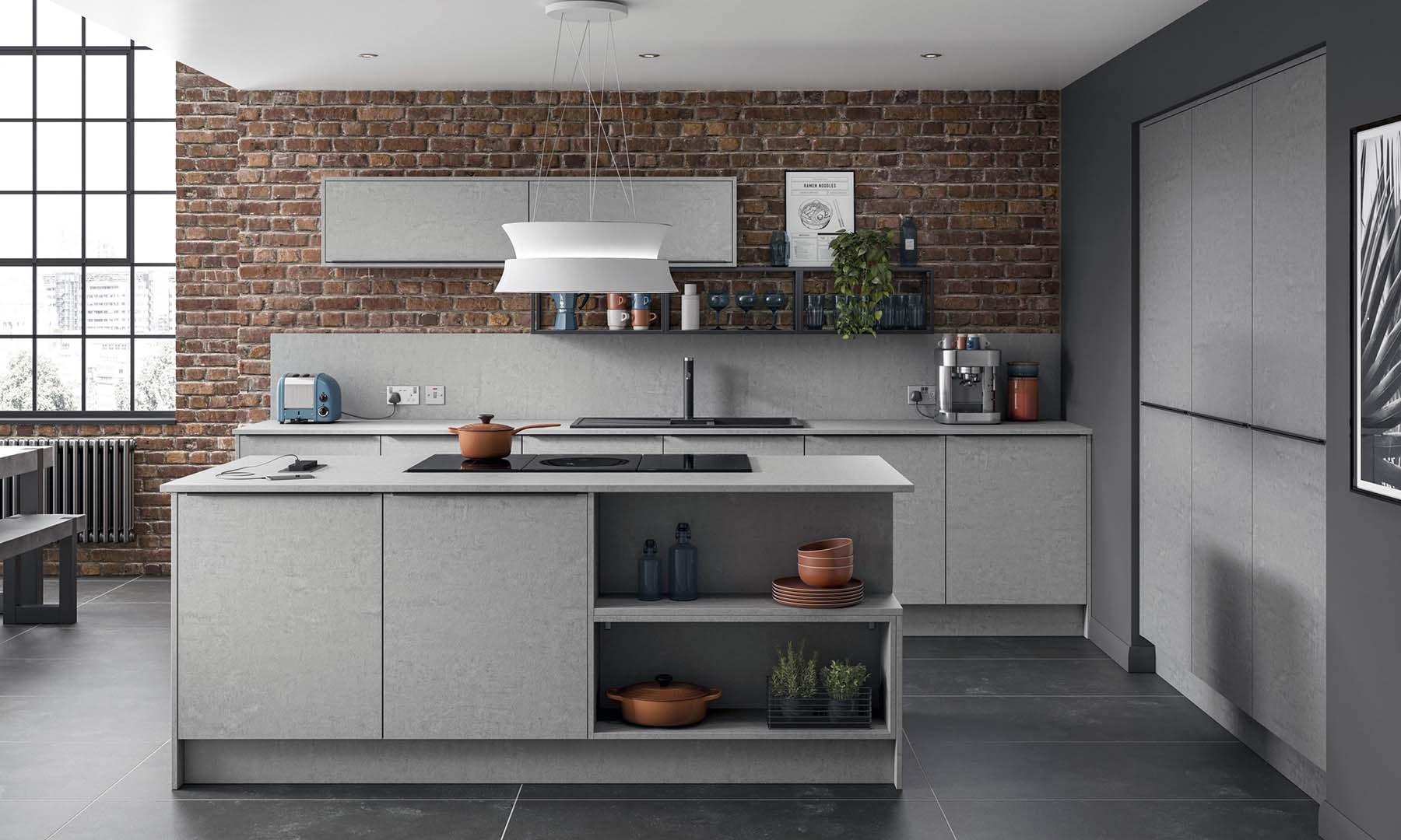 modern kitchen with gray cabinets red brick wall gray countertops