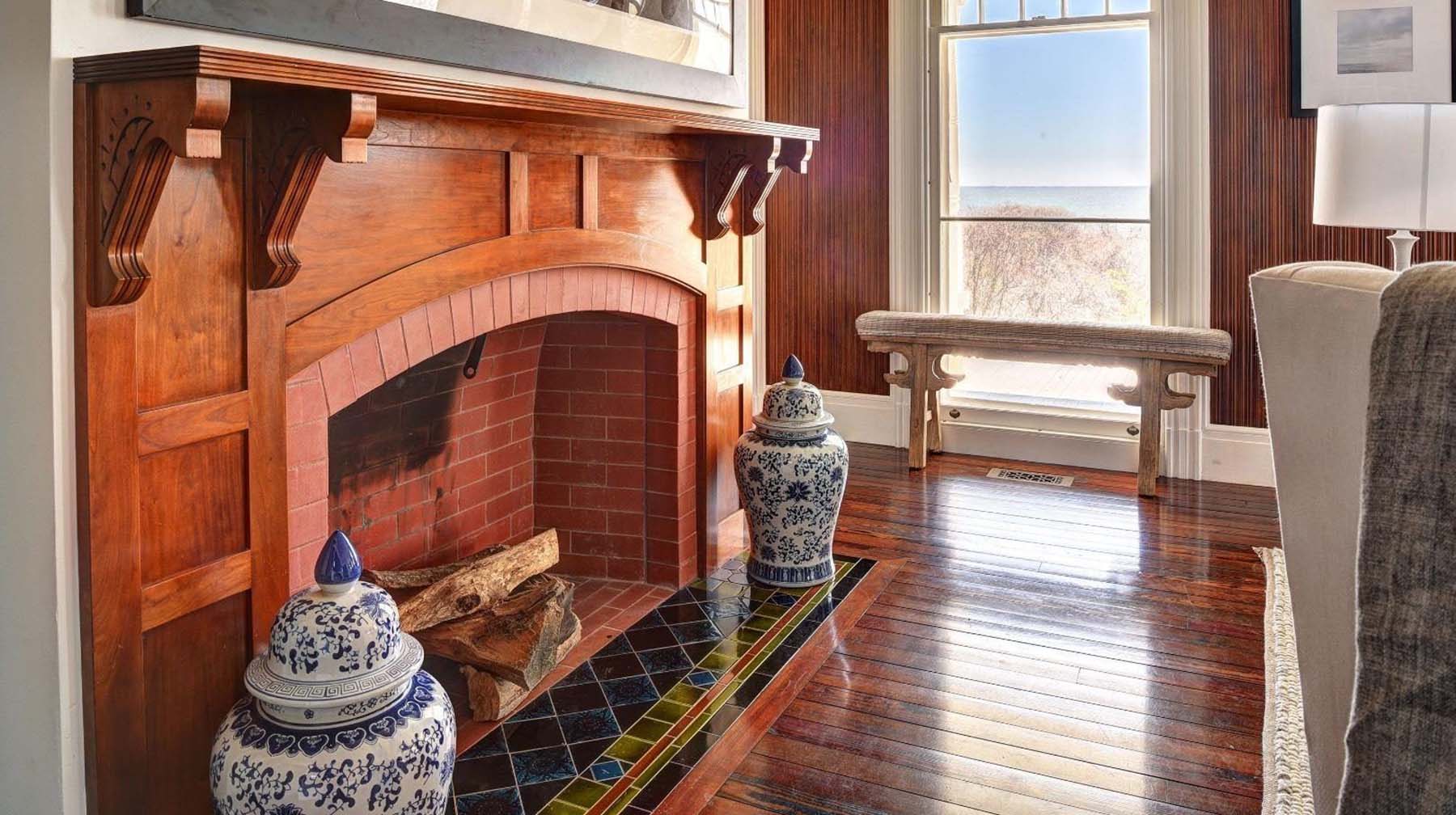 real wood red brick fireplace surround design wood mantel