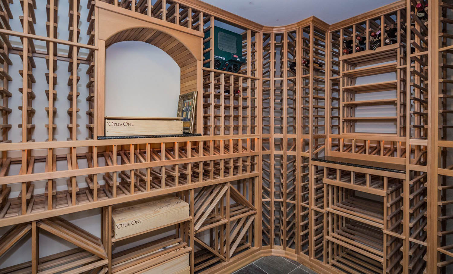 wine cellar design wood racks with tile floors