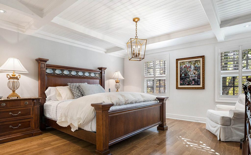 bedroom painted white coffered ceiling with bead board coffers