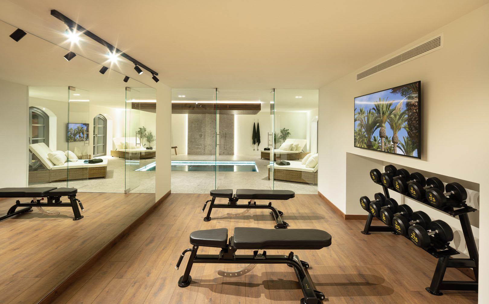 Impressive home gym with glass walls and fake wood tile flooring. Cream colored walls and wood trim.