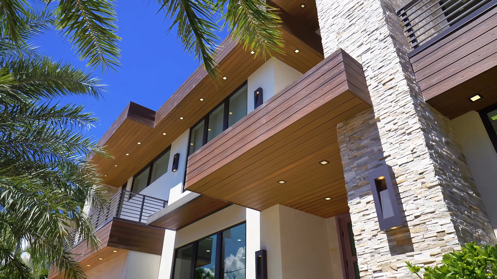 Ground level view of Trex decking soffits and recessed LED lighting.