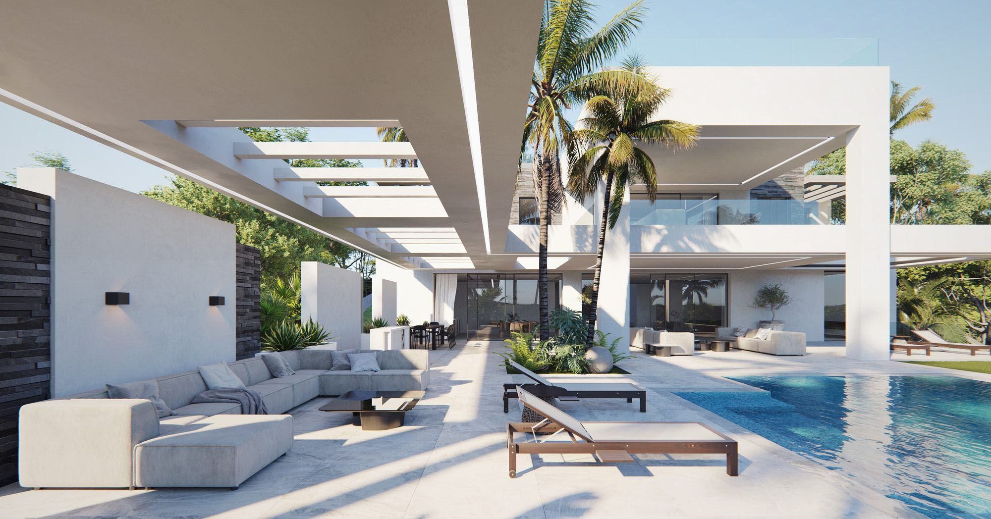 Modern white homes look fantastic in a tropical setting. Outdoor living spaces around an in ground pool.