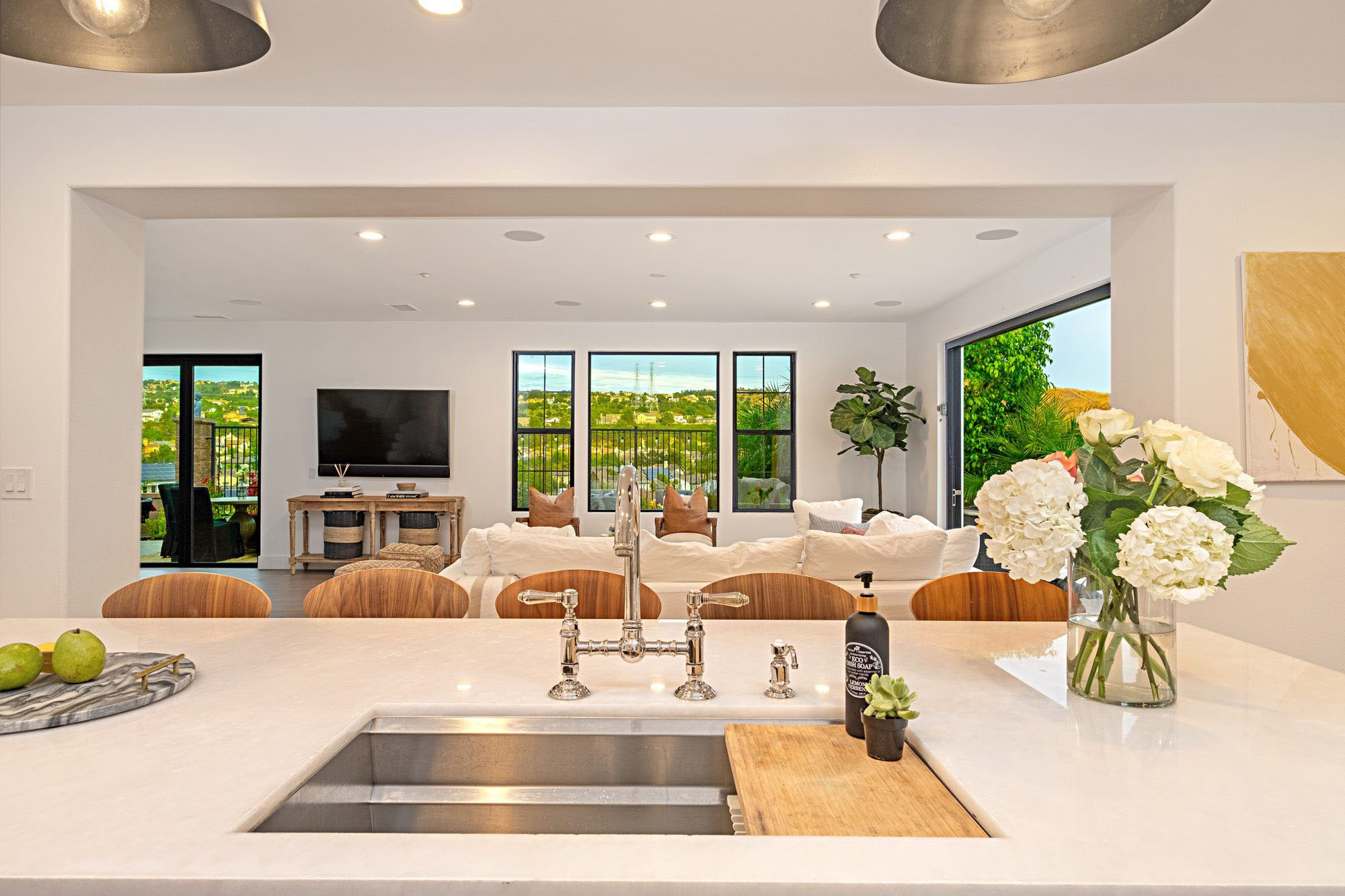 Beautiful kitchen island with plenty of seating and a fantastic view.