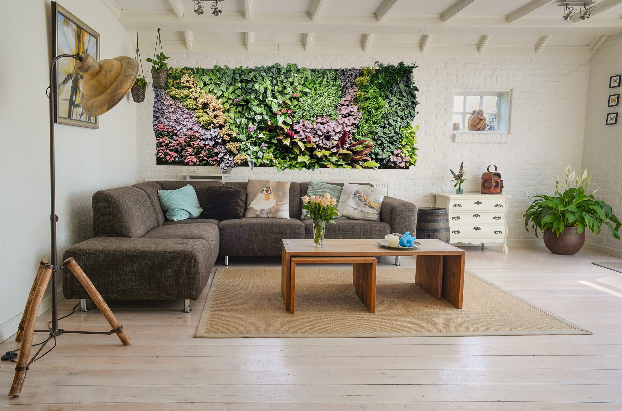 Include some color in your living wall art to brighten up the room.