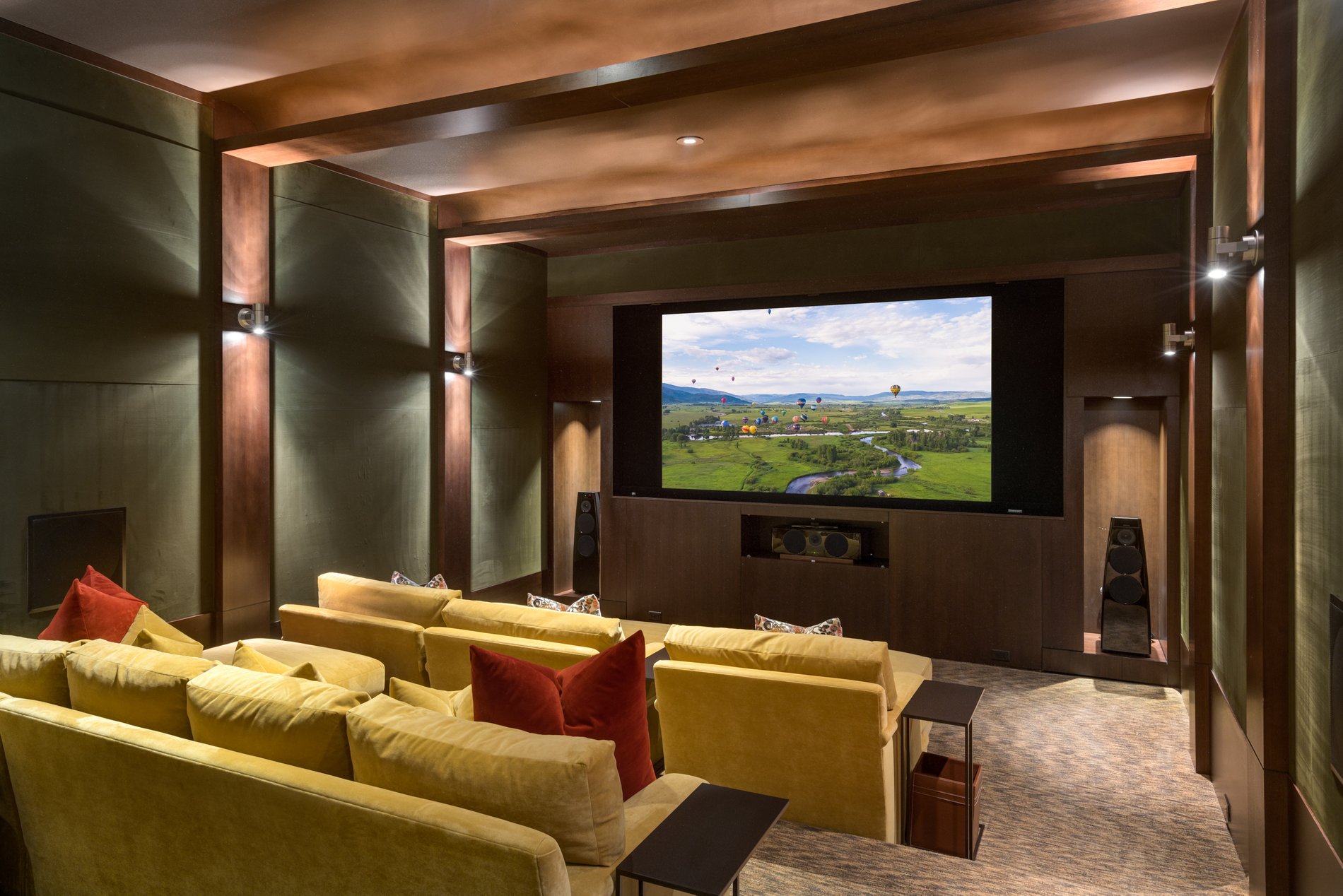 Movie room home theater finished to match the rest of the home. modern rustic home.