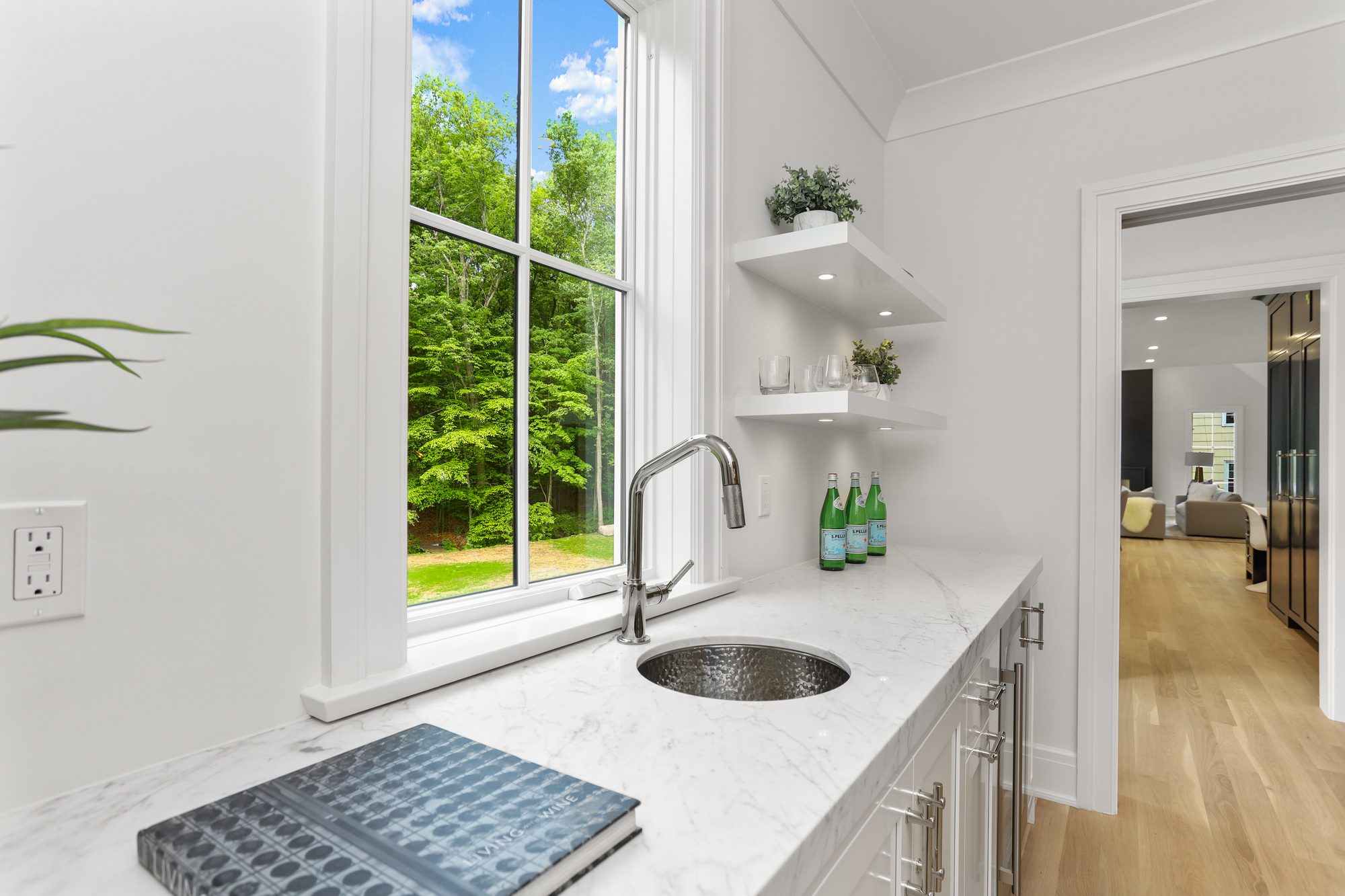 Prep kitchen window with a traditional white frame. quartz countertop. white shelves. No backsplash. small round sink. 