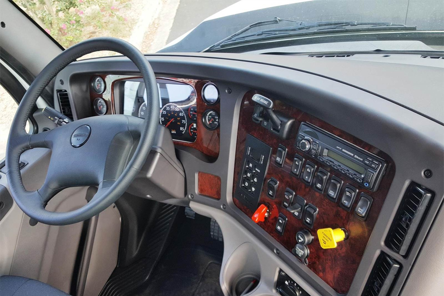Cab view of a new concrete truck.