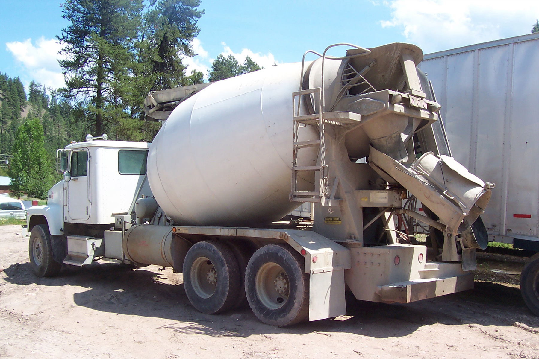 rear view of a standard 8 yard concrete truck and chute
