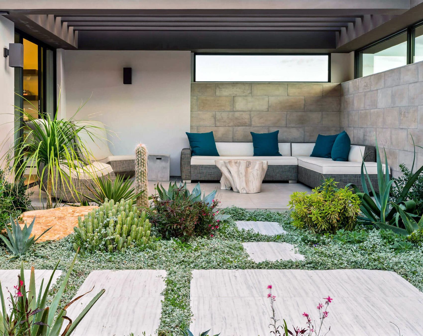 tiled retaining walls outdoor seating area and walkway