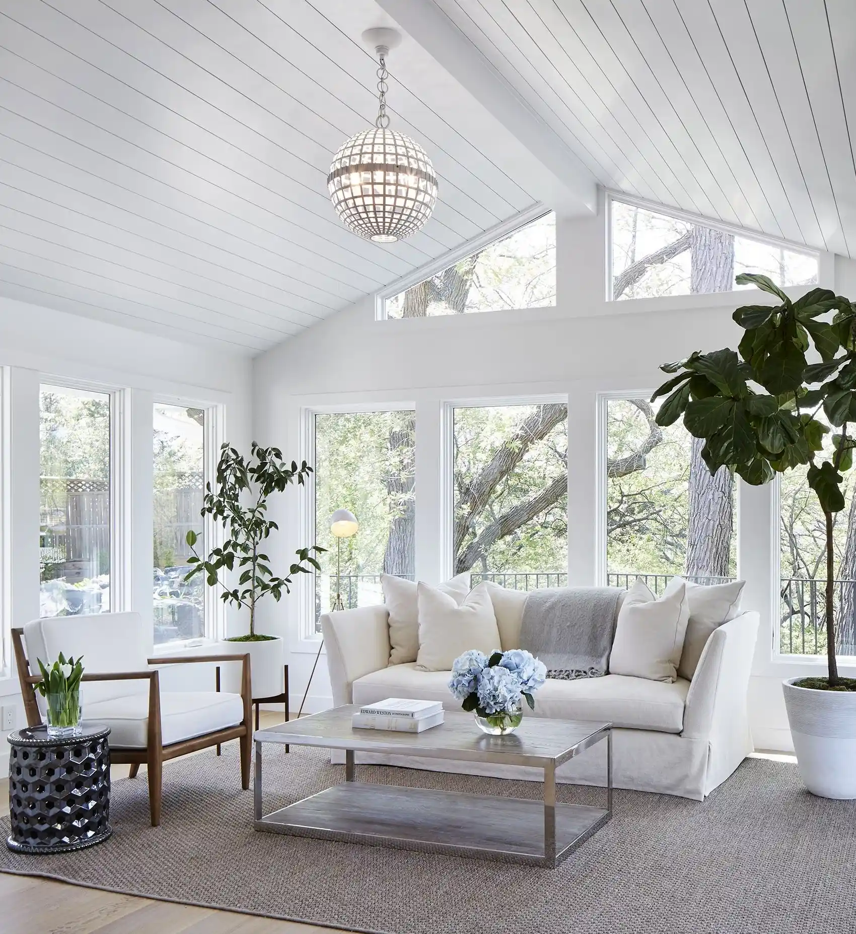 gable sunroom, vaulted white wood roof, area rug, plants