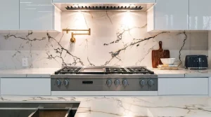ultra modern kitchen with quartz counters and slab backsplash