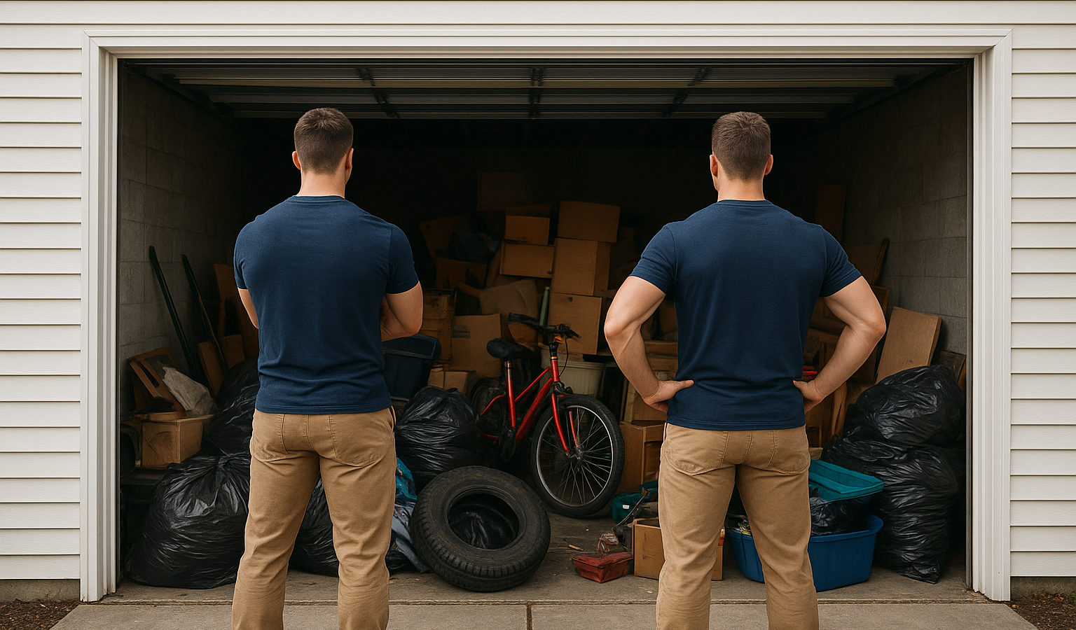 Two professional junk removal workers inspecting a cluttered garage in Asbury Park, NJ, ready to clean out and haul away furniture, appliances, and debris safely