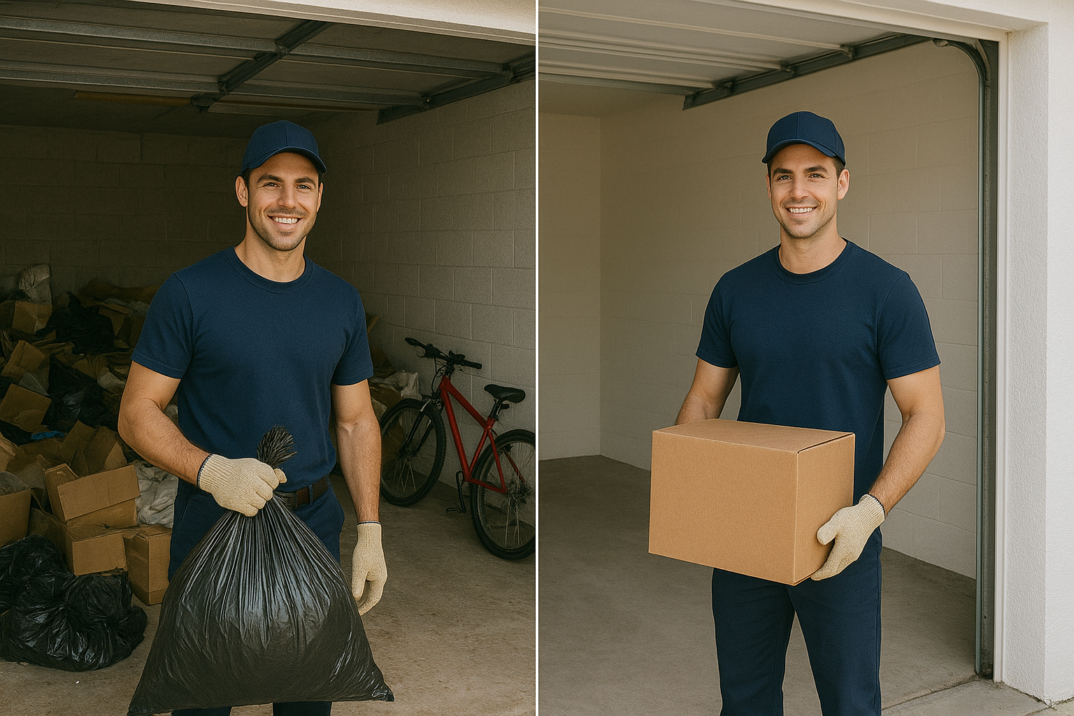 Before and after of a cluttered garage in Bay Head, NJ, professionally cleaned out by Gambrick Construction. The team removed furniture, appliances, and debris, leaving the space organized, clear, and ready for use.