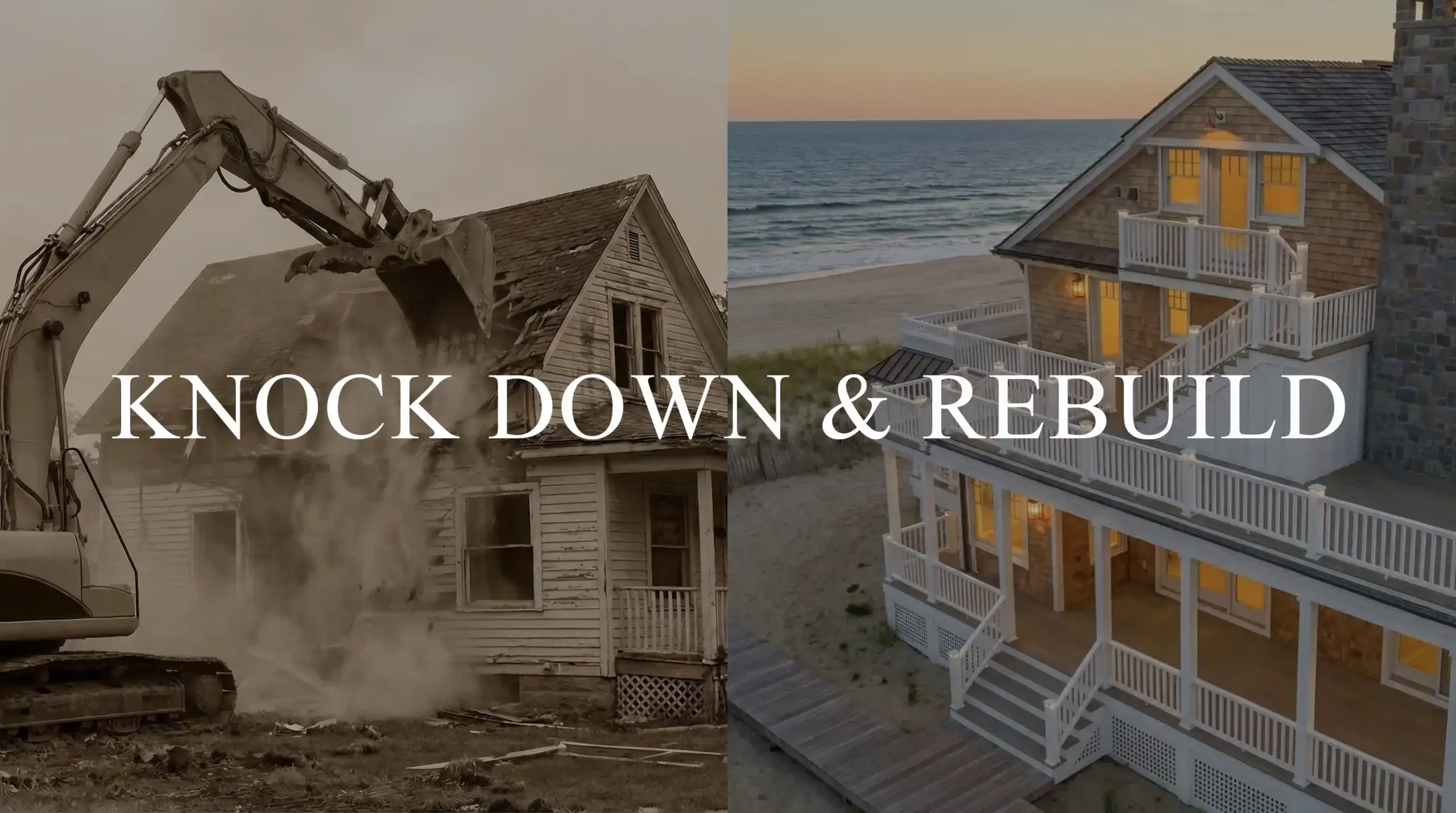A split-screen showing an excavator demolishing an old home next to a beautiful new custom coastal home at the beach, featuring the text "Knock Down & Rebuild" across the center.